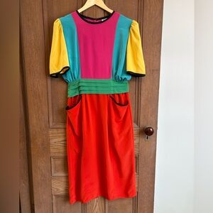 Simon Chang Colorblock Midi Dress in Red, Pink, Teal, Green, Yellow